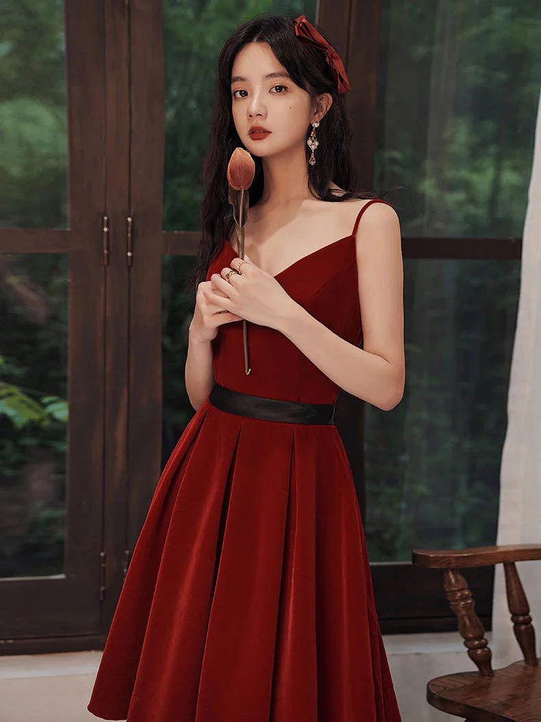 Burgundy velvet short prom dress, burgundy homecoming dress - Deanwangkt