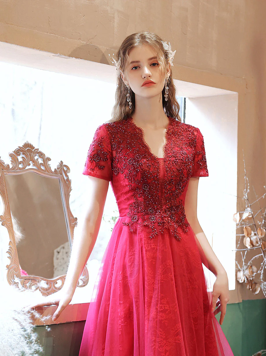 Burgundy V Neck Tulle Lace Beads Short Prom Dress, Burgundy Homecoming Dress - Deanwangkt
