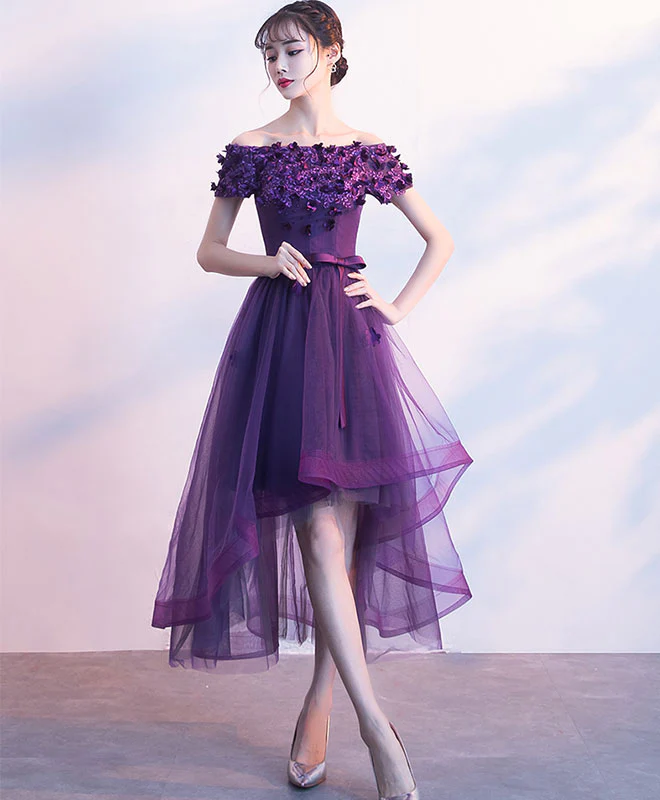 Purpler Tulle Lace Short Prom Dress, Purple Evening Dress - Deanwangkt