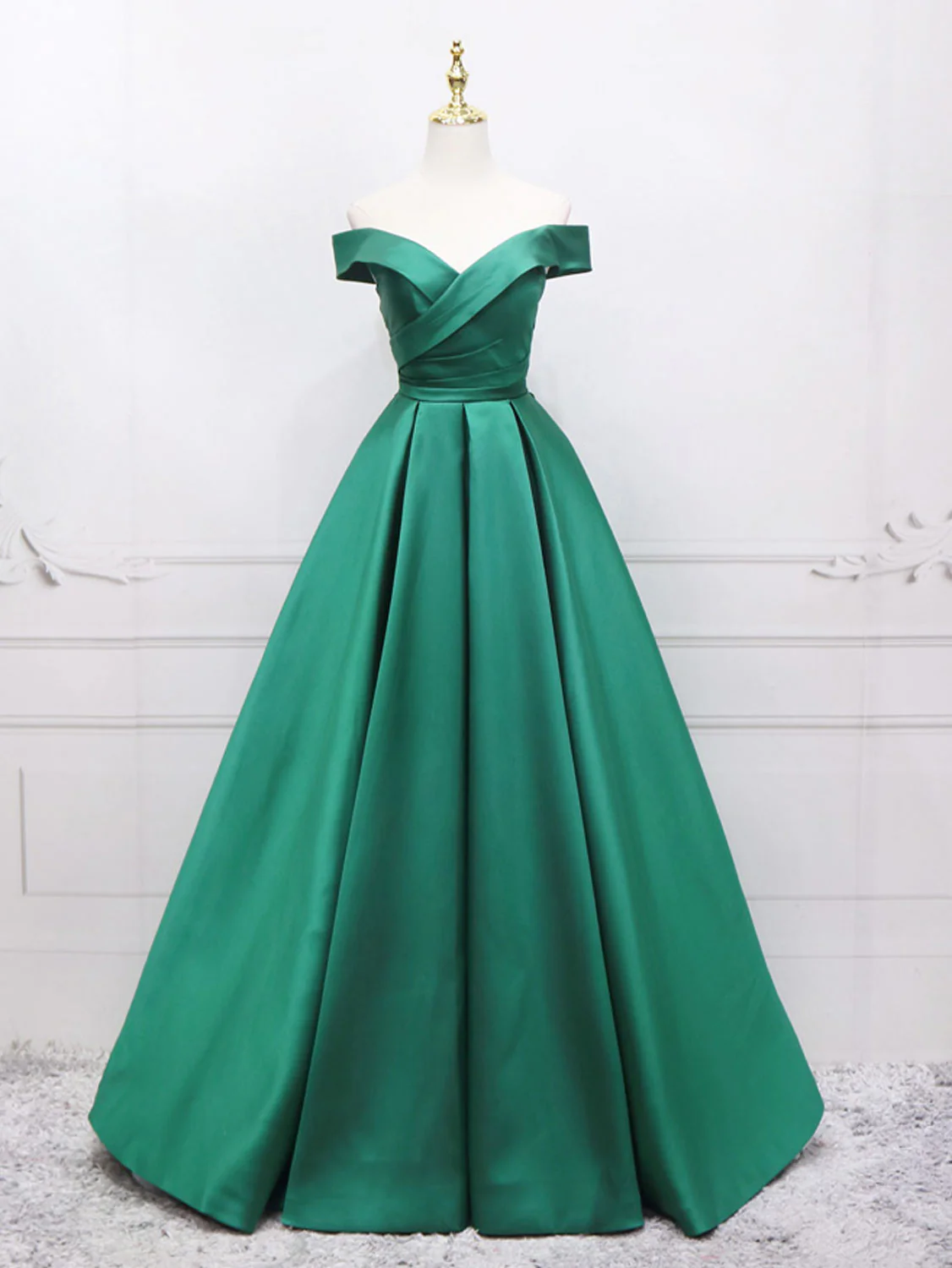 A-Line Off Shoulder Green Satin Long Prom Dresses, Green Evening Dresses - Deanwangkt