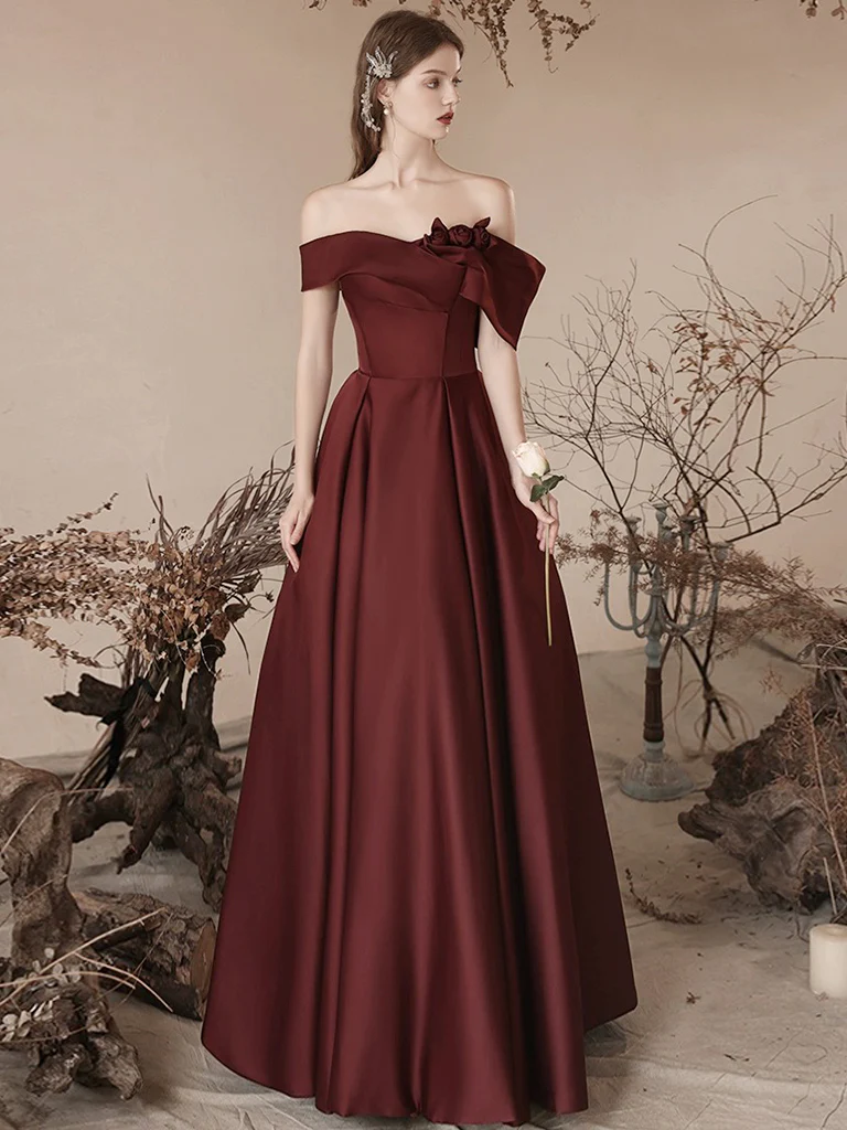A-Line off Shoulder Satin Dark Burgundy Long Prom Dress, Satin Long Formal Dress - Deanwangkt