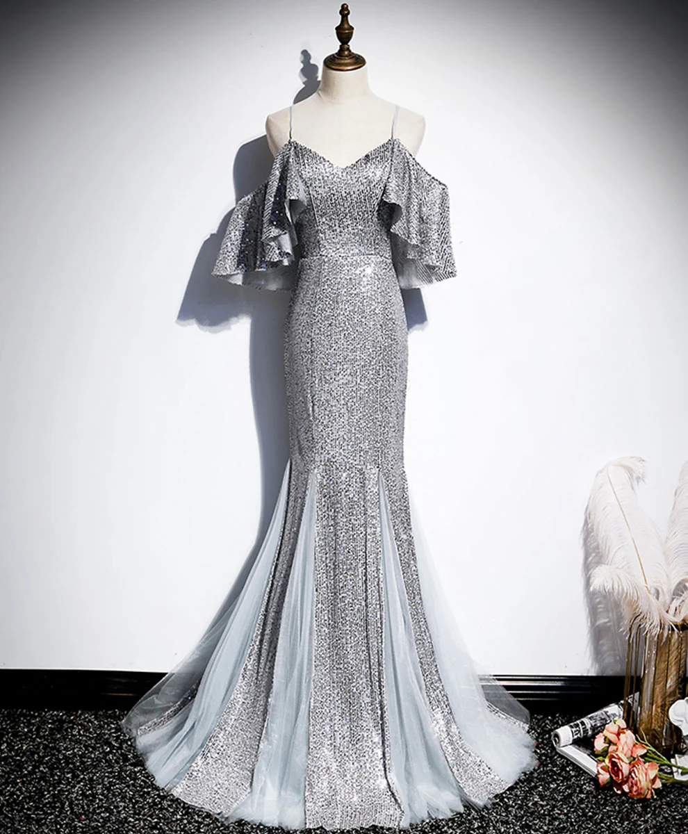 Gray V Neck Sequin Mermaid Long Prom Dress Gray Formal Dress - Deanwangkt
