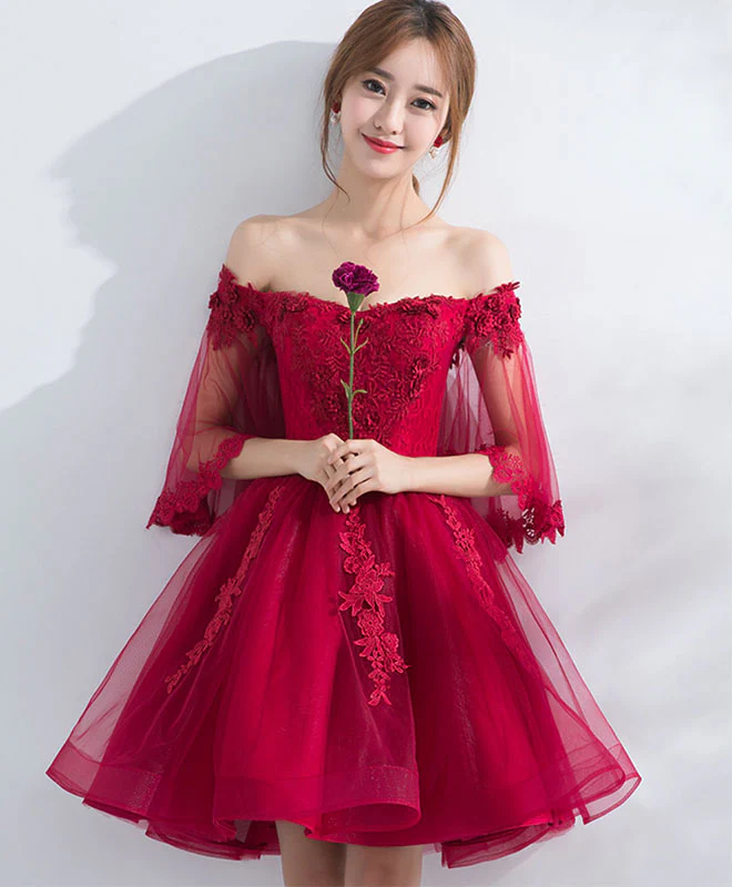 Burgundy Off Shoulder Tulle Lace Short Prom Dress, Burgundy Homecoming Dress - Deanwangkt