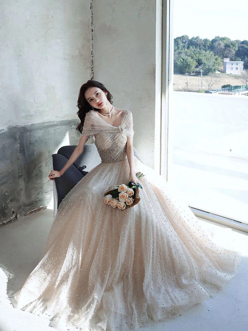 Champagne  Tulle Beads Long Prom Dress Champagne Formal Dress - Deanwangkt