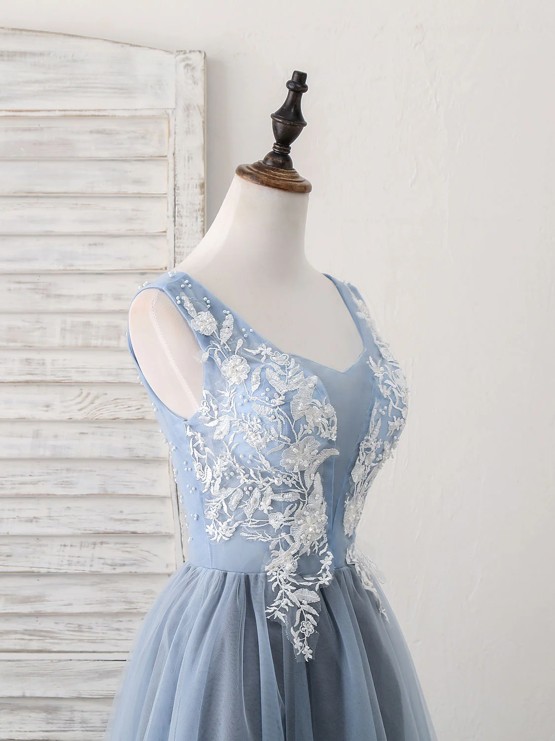 Cute Blue V Neck Tulle Lace Applique Short Prom Dress, Blue Homecoming Dress - Deanwangkt