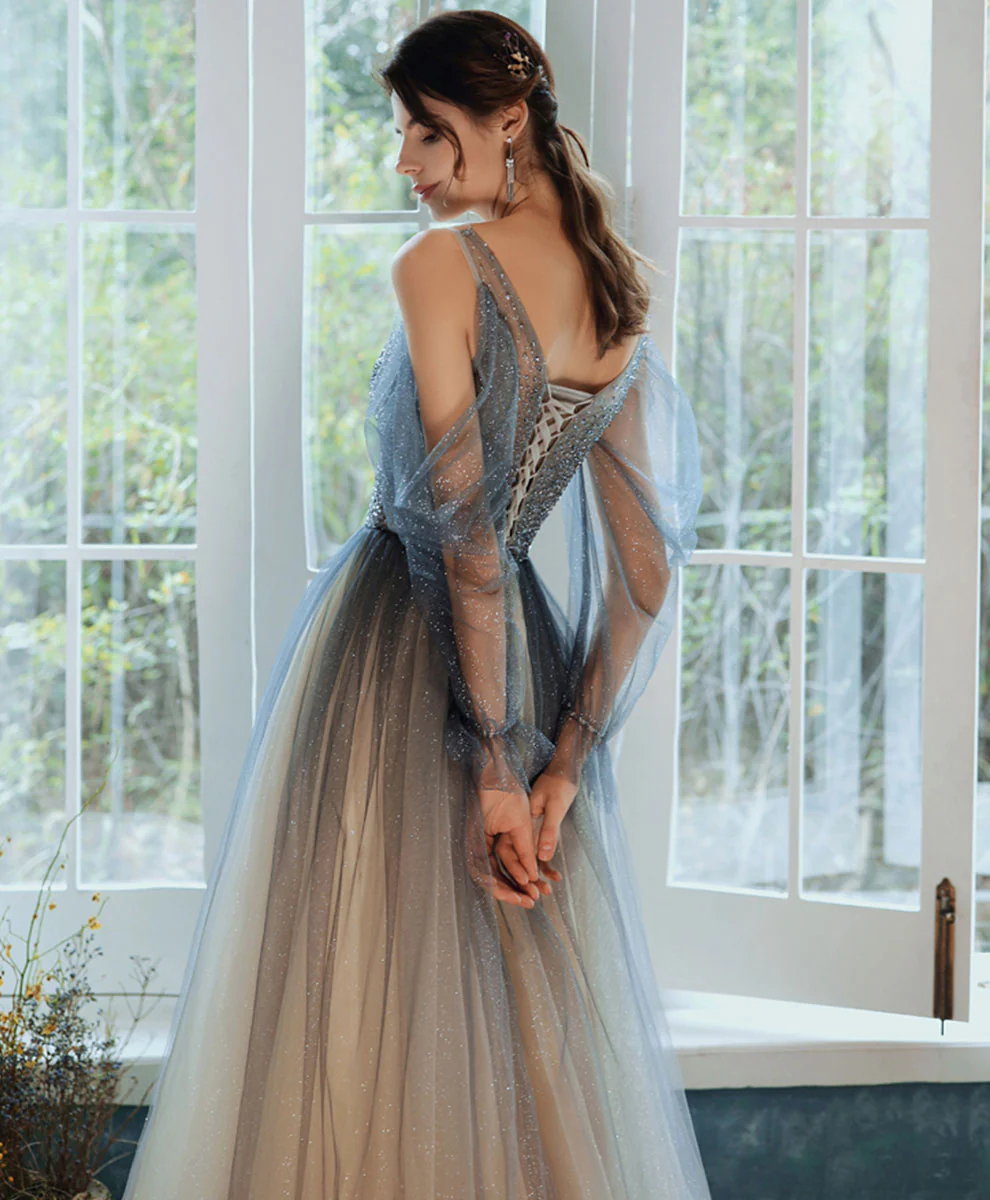 Blue Tulle Sequin Long Prom Dress Blue Tulle Formal Dress - Deanwangkt
