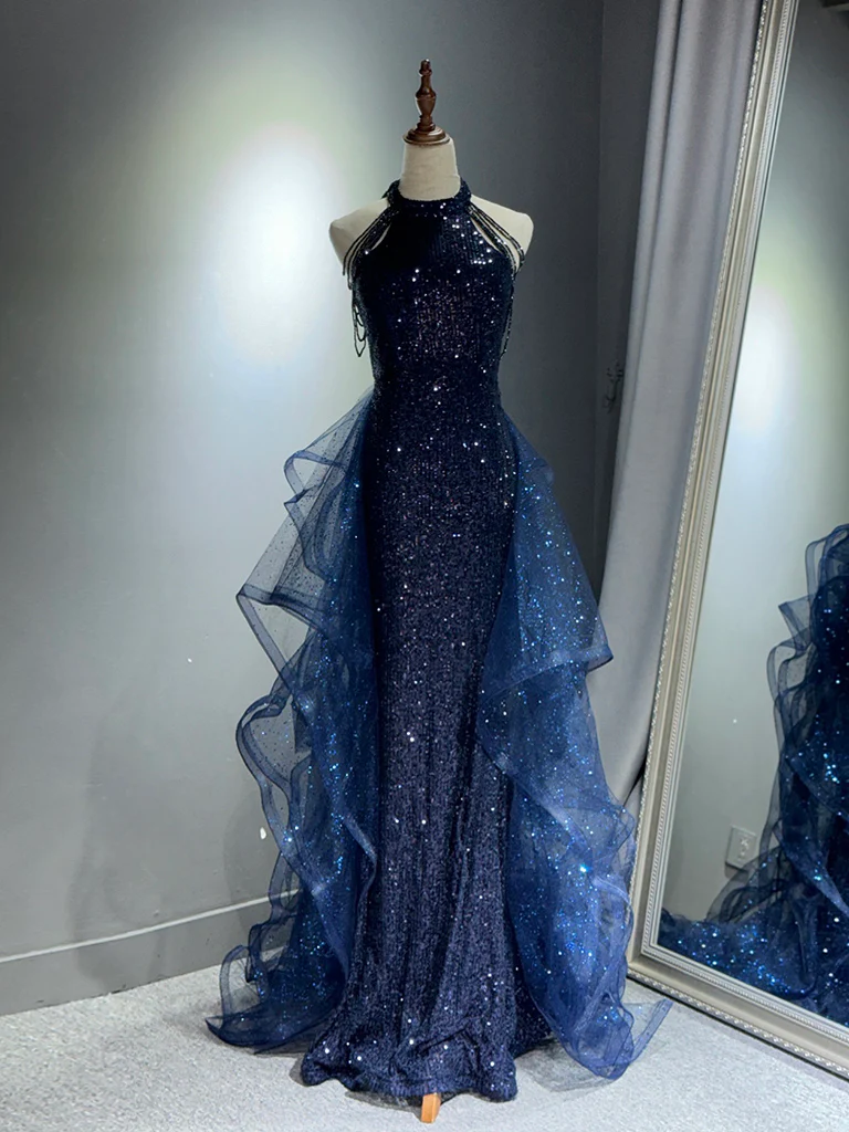 A-Line Tulle Sequin Dark Blue Long Prom Dress, Dark Blue Long Formal Dress - Deanwangkt