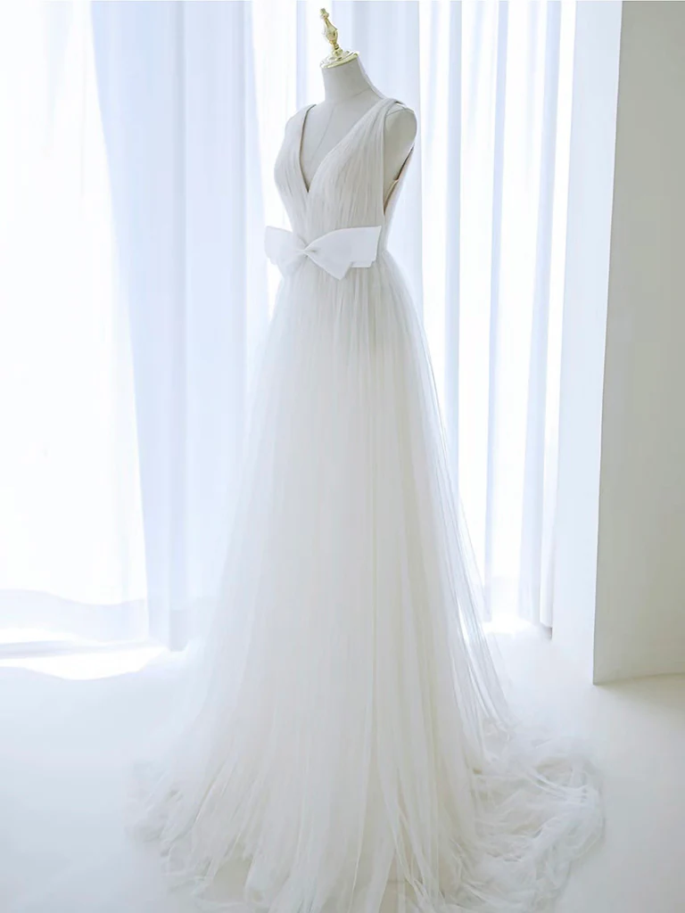 A-Line V Neck White Tulle Long Wedding Dress with Bow - Deanwangkt