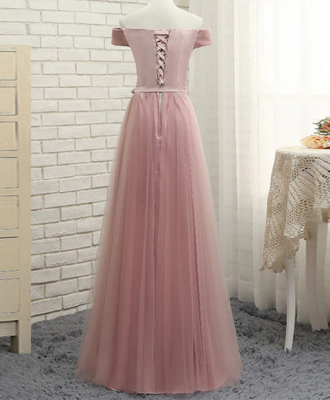 Pink A LineTulle Off Shoulder Long Prom Dress, Evening Dress - Deanwangkt
