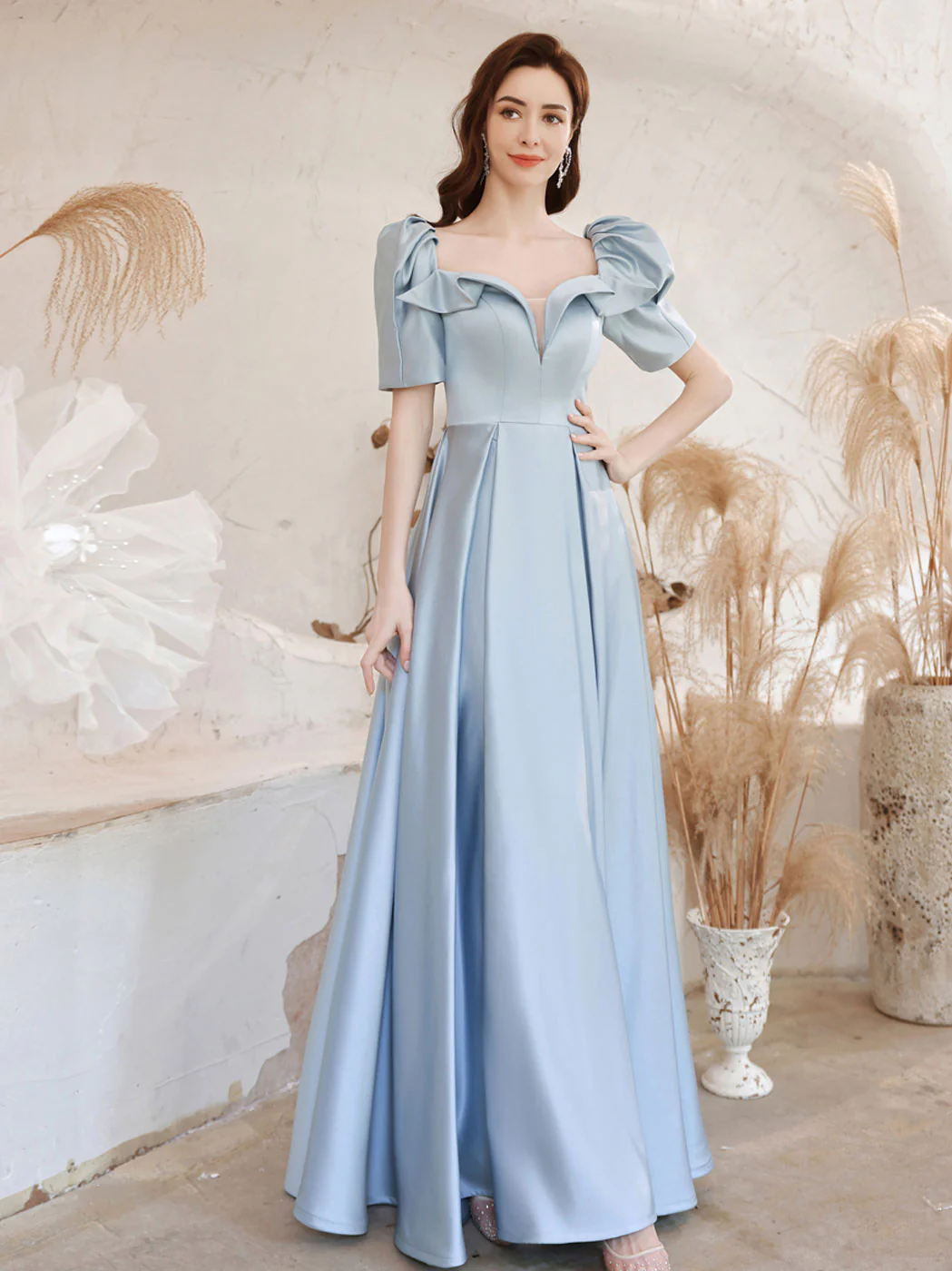 A-Line Square Neckline Satin Blue Long Prom Dress, Blue Evening Dresses - Deanwangkt