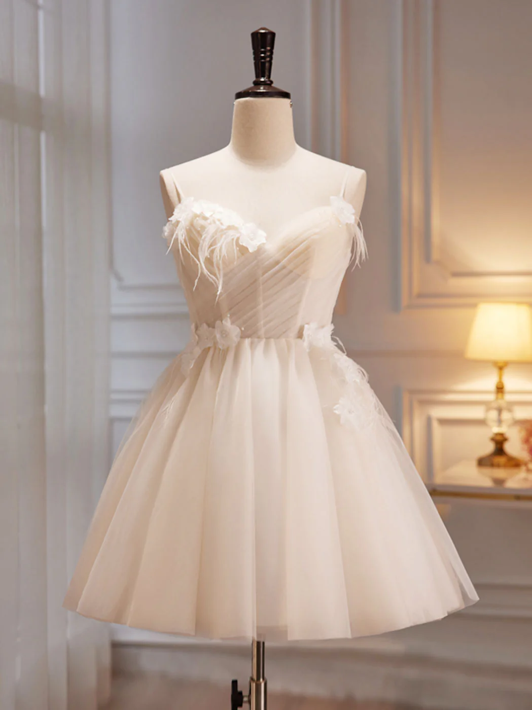 A-Line V Neck Tulle Light Champagne Short Prom Dress, Champagne Homecoming Dress - Deanwangkt