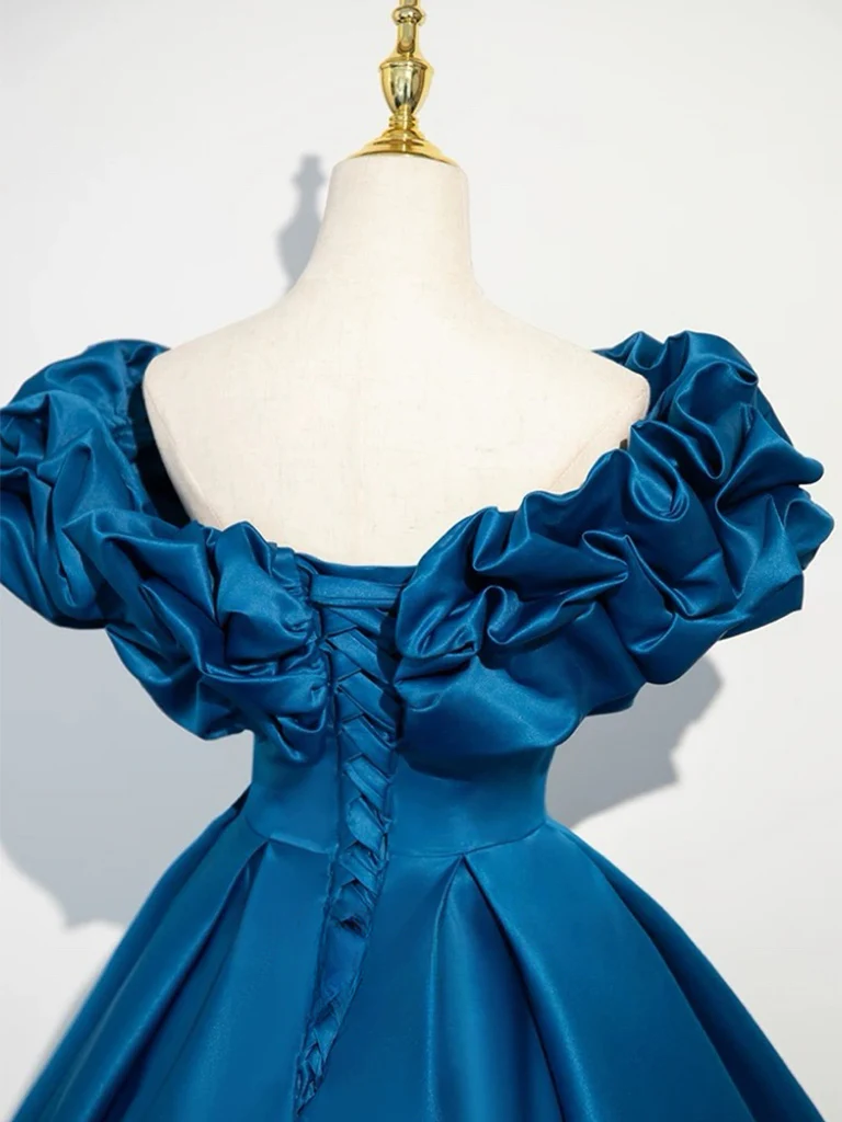 A-Line Off Shoulder Satin Blue Long Prom Dress, Blue Long Formal Dress - Deanwangkt