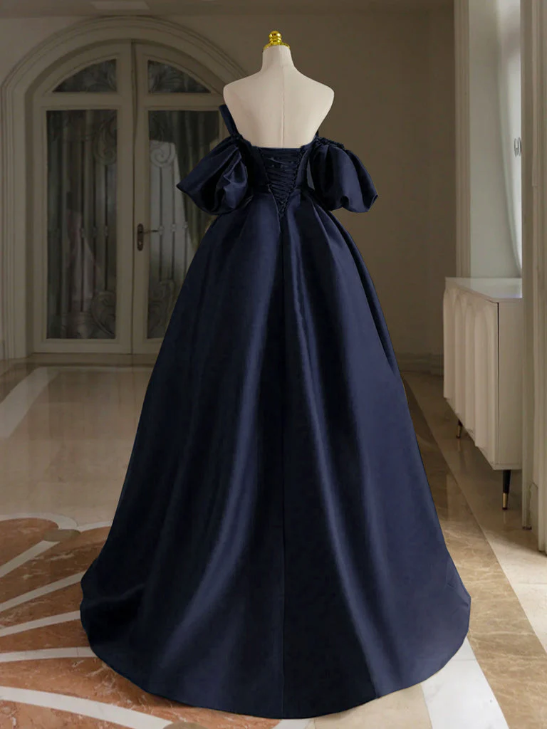 A-Line V Neck Satin Dark Blue Long Prom Dress, Dark Blue Long Formal Dress - Deanwangkt