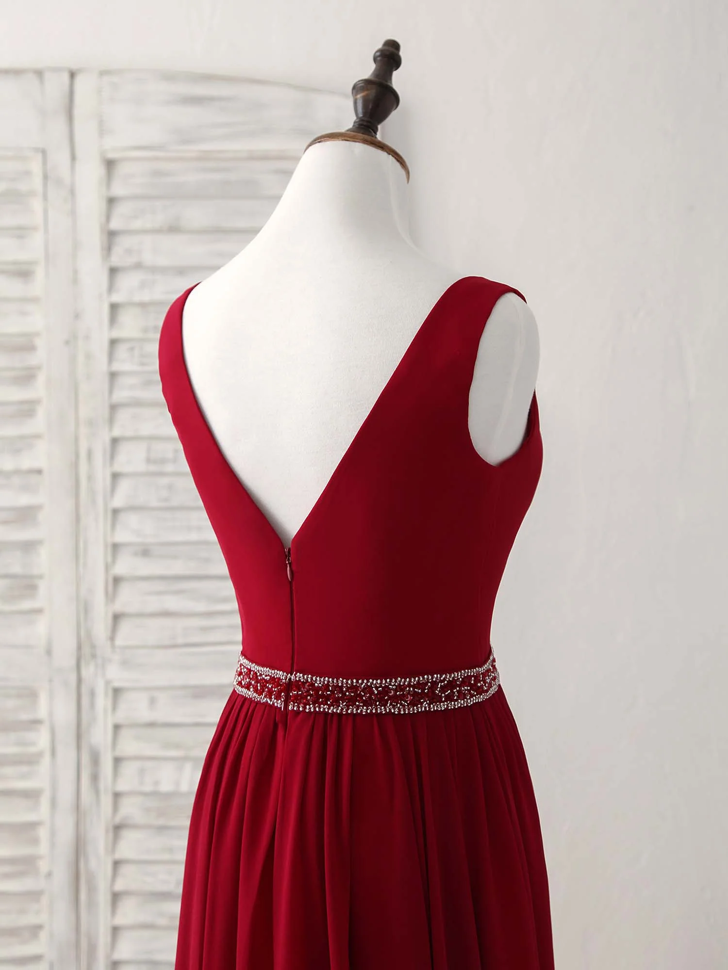 Burgundy Chiffon V Neck Beads Long Prom Dress Burgundy Evening Dress - Deanwangkt