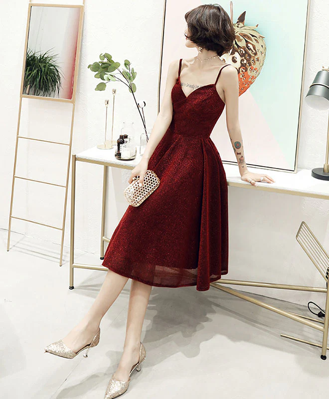 Simple V Neck Tulle Sequin Short Prom Dress, Burgundy Homecoming Dress - Deanwangkt