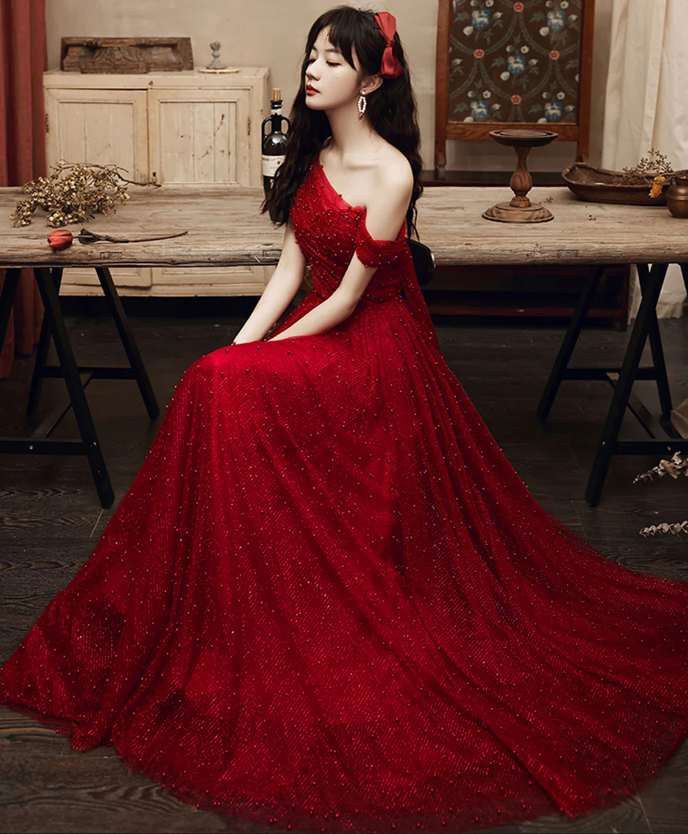 Burgundy One Shoulder Long Prom Dress, Burgundy Formal Graduation Dress - Deanwangkt