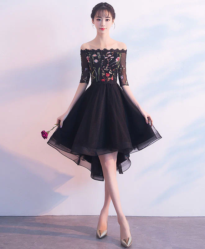 Black Tulle Lace Short Prom Dress, Black Evening Dress - Deanwangkt