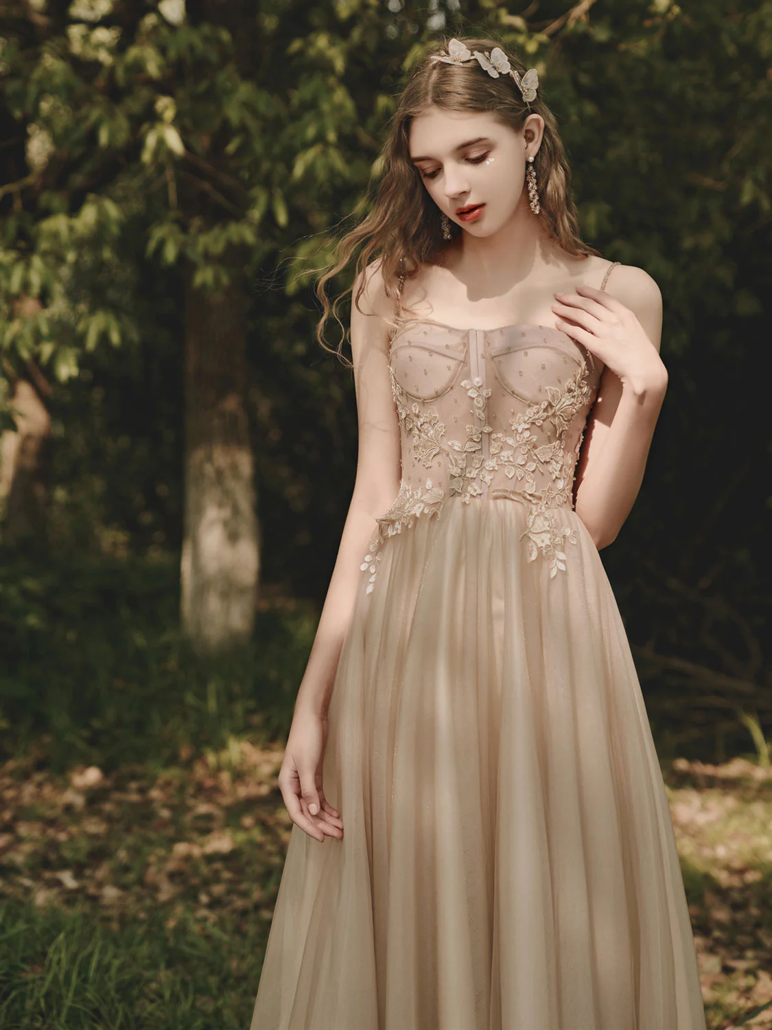 Champagne Tulle Lace Tea Length Prom Dress, Tulle Lace Evening Dress - Deanwangkt
