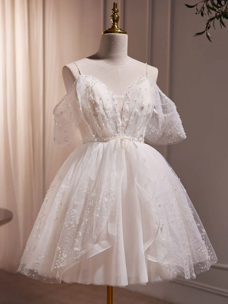 A-Line V Neck Tulle Short Beige Prom Dress, Cute Beige Homecoming Dress - Deanwangkt