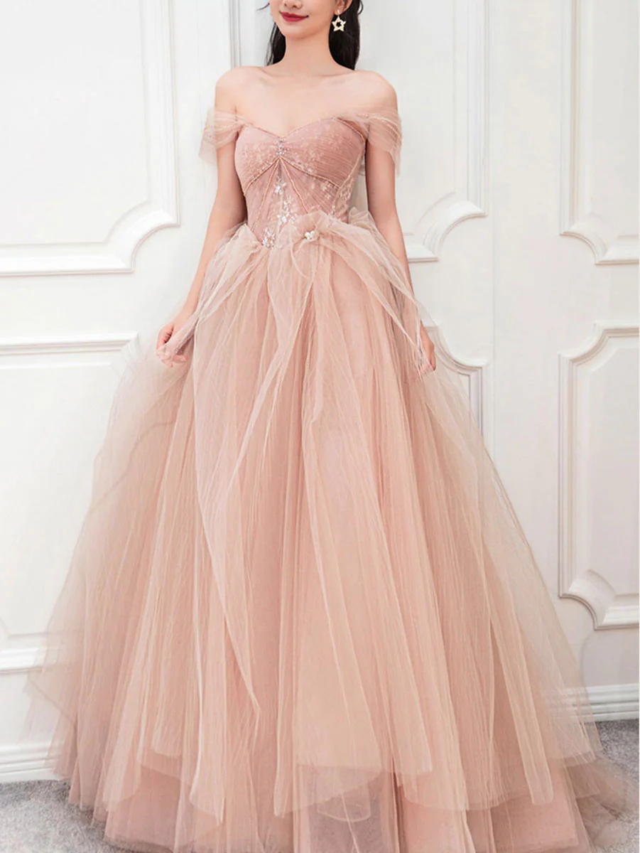 Pink Sweetheart Neck Tulle Long Prom Dress, Pink Sweet 16 Dress - Deanwangkt