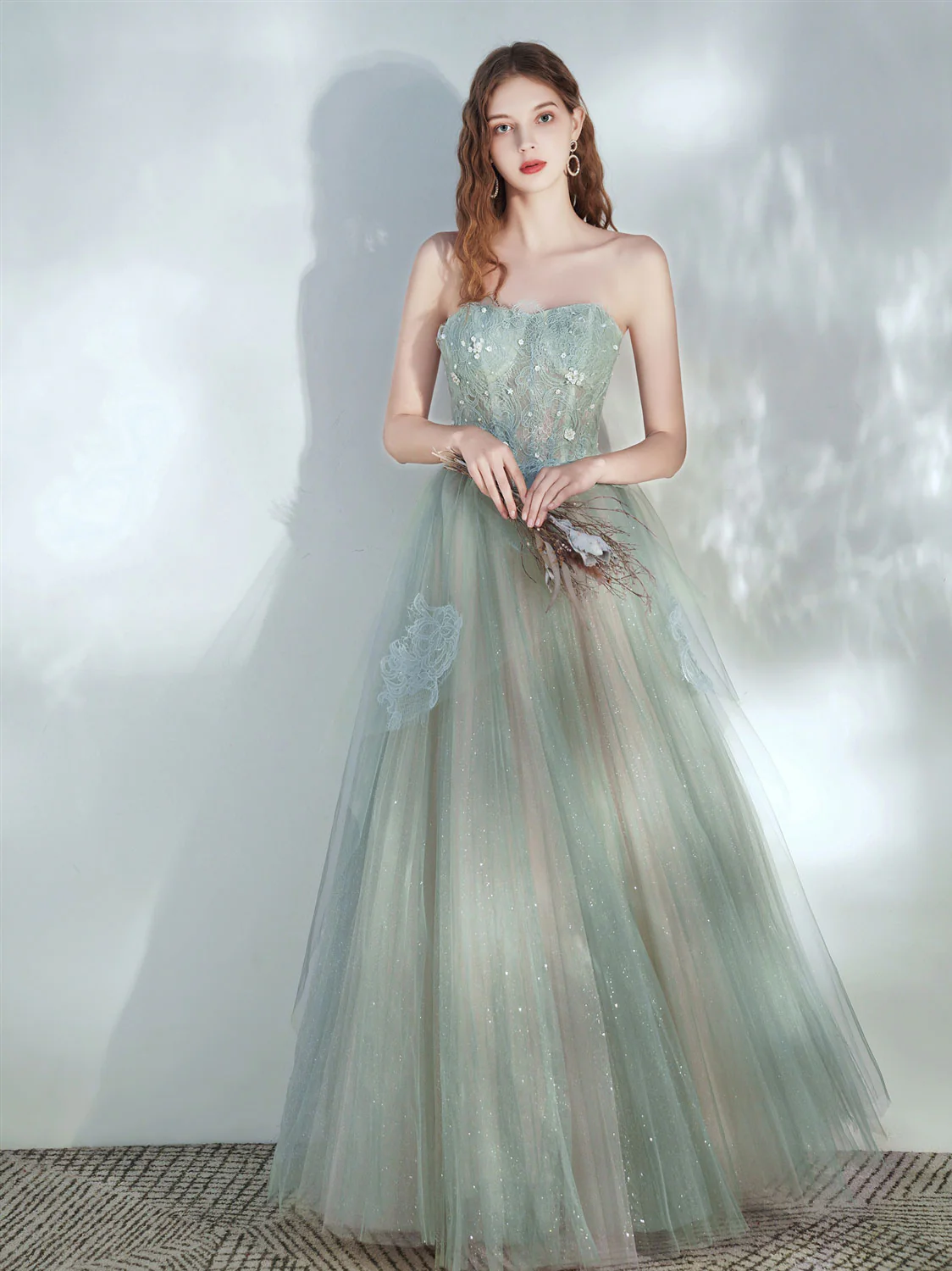 Green Tulle Lace Long Prom Dress, Green Tulle Evening Dress - Deanwangkt