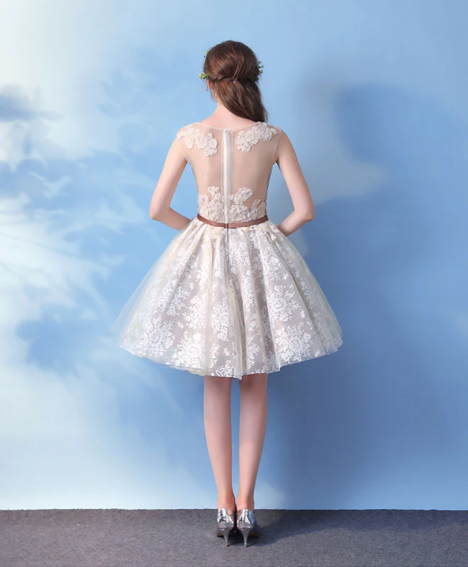 Cute Round Neck Champagne Lace Short Prom Dress, Lace Evening Dress - Deanwangkt