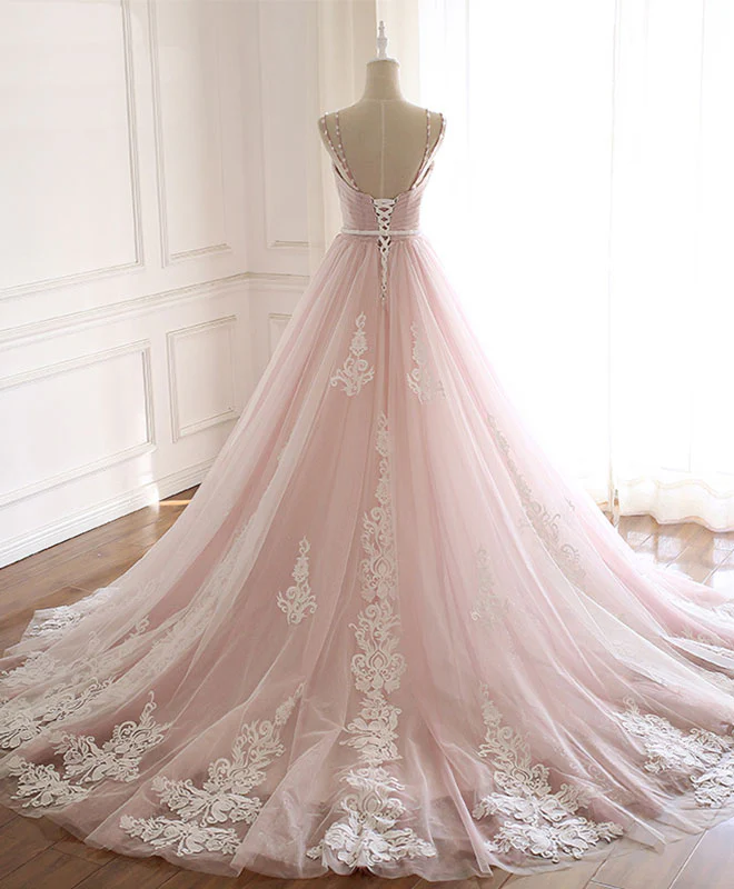 Pink Sweetheart Lace Tulle Long Prom Dress Lace Pink Evening Dress - Deanwangkt
