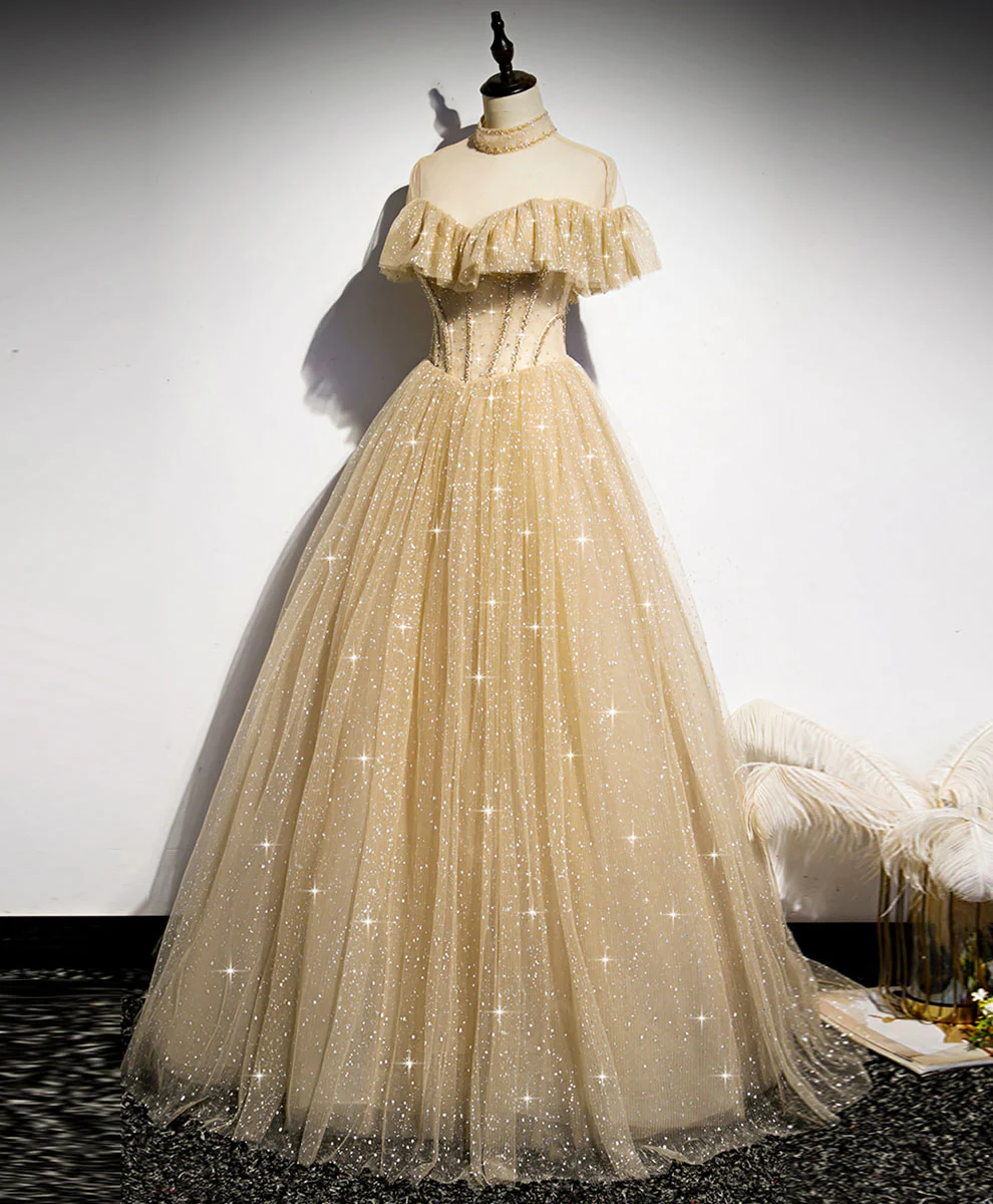 Champagne Long Prom Dress, Aline Champagne Graduation Dress with Beading - Deanwangkt