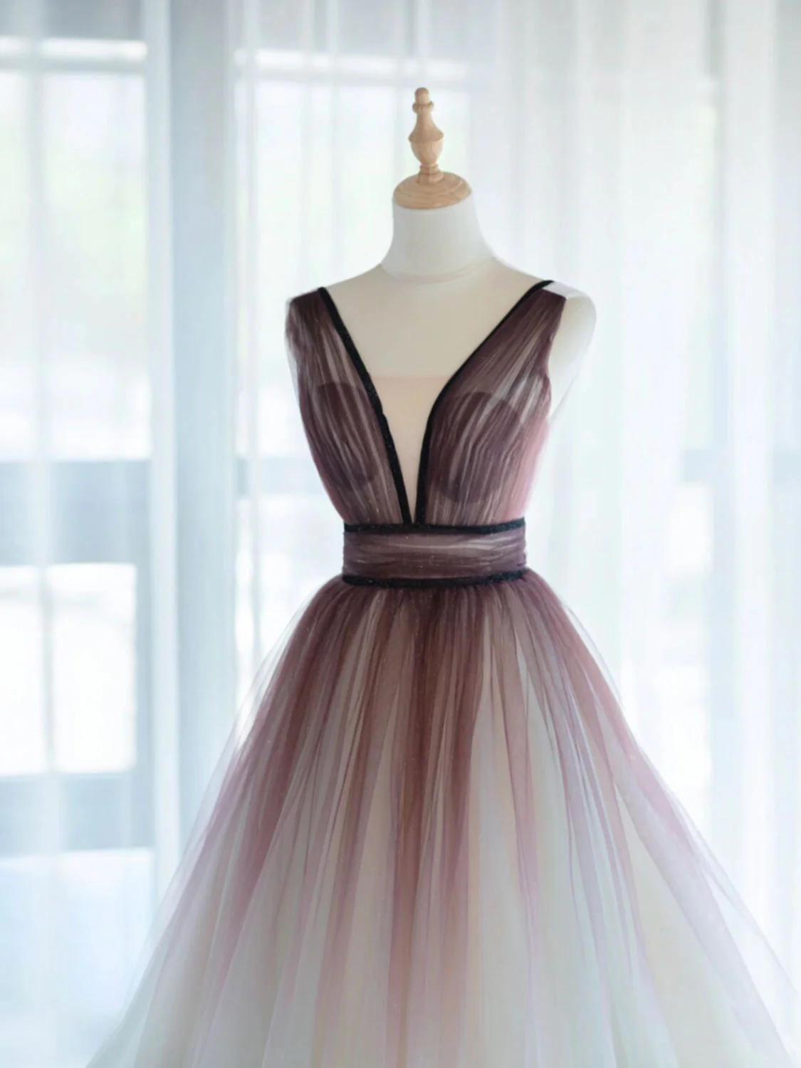 A-Line V Neck Tulle Long Brown Prom Dresses, Tulle Long Evening Dresses - Deanwangkt