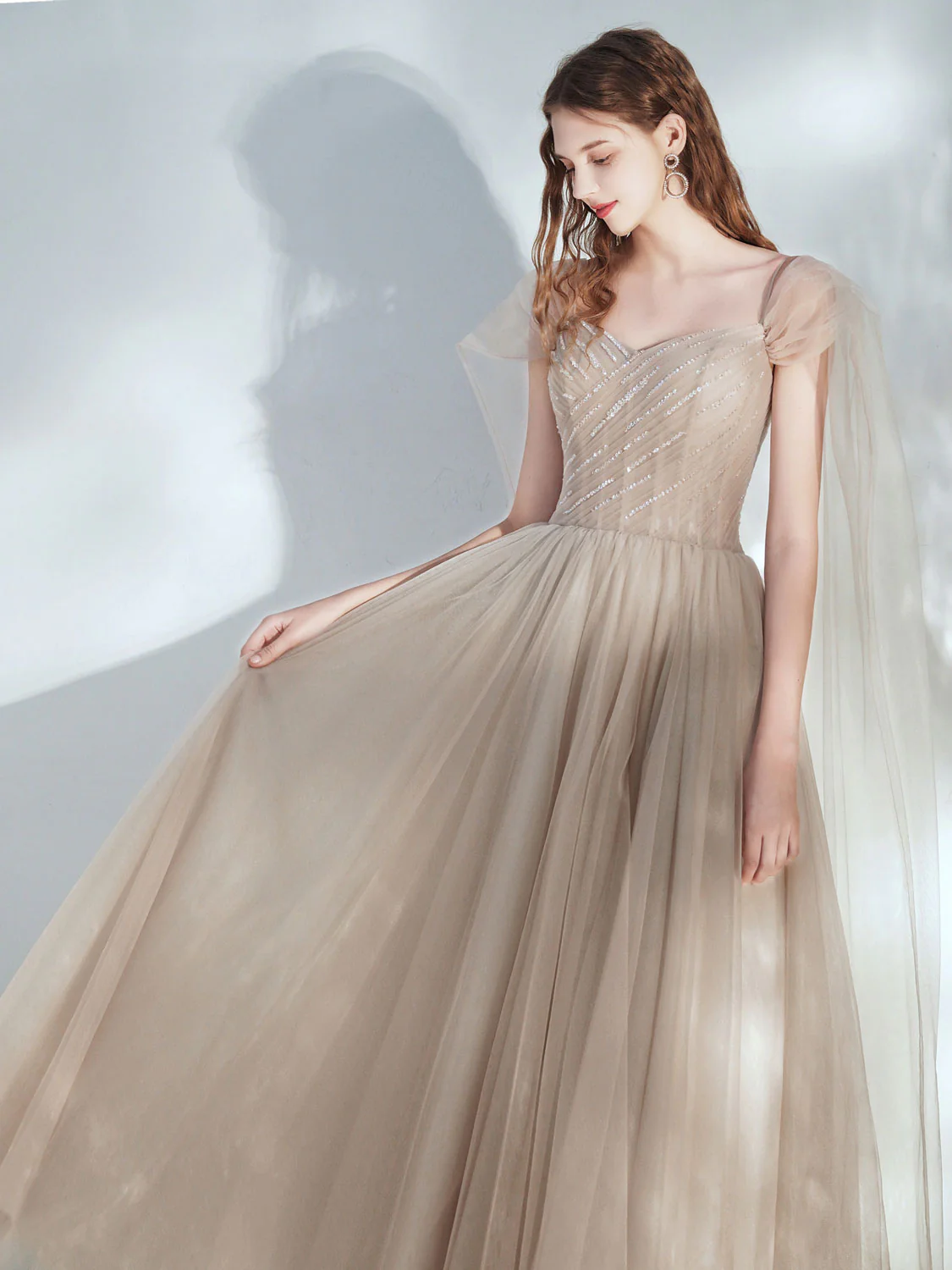 A-Line Tulle Champagne Long Prom Dress, Champagne Formal Dresses - Deanwangkt