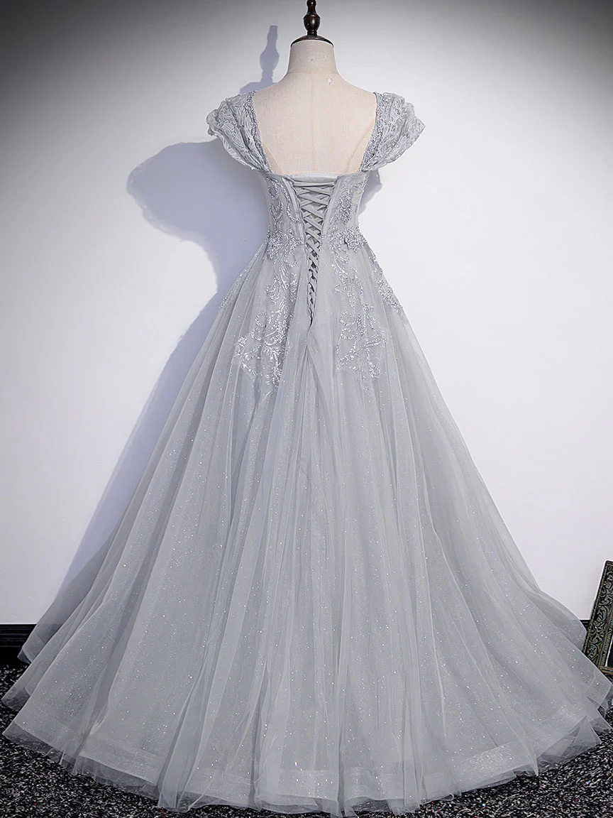 Gray Sweetheart Neck Tulle Lace Long Prom Dress, Gray Evening Dress - Deanwangkt