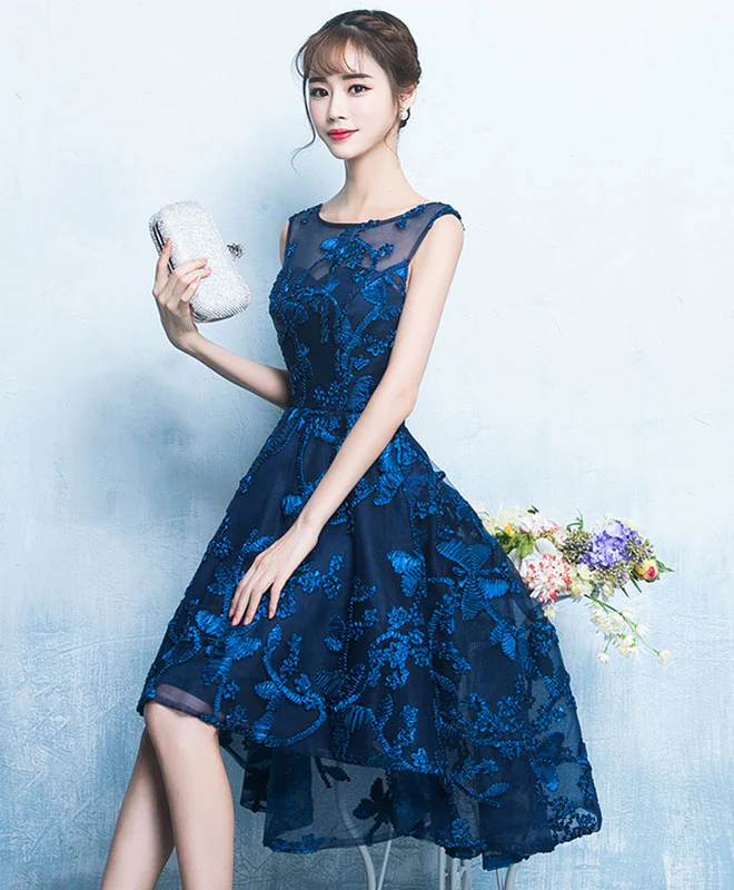 Dark Blue High Low Short Prom Dress, Lace Evening Dress - Deanwangkt