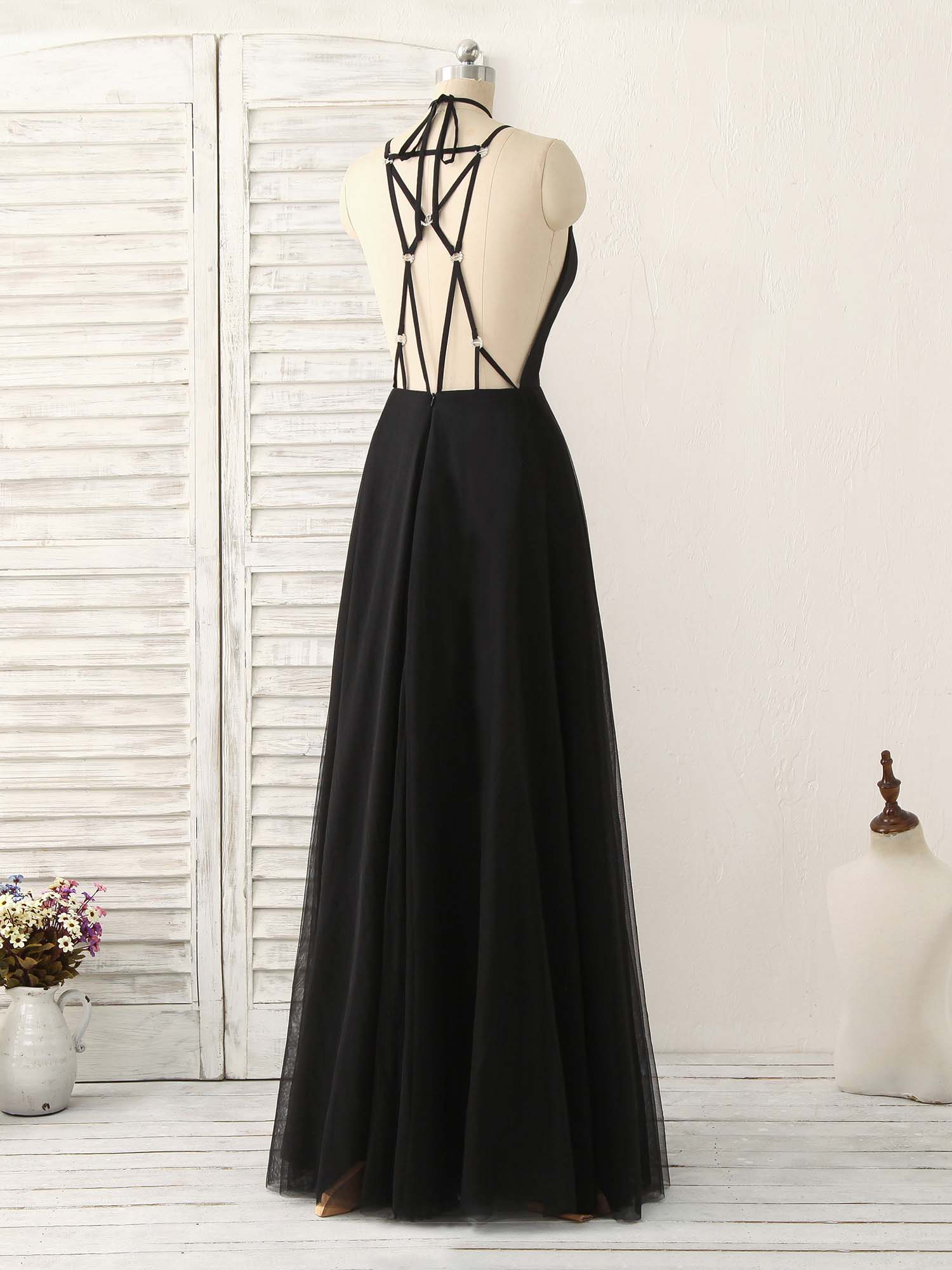 Black Tulle Backless Long Prom Dress, Black Evening Dress - Deanwangkt