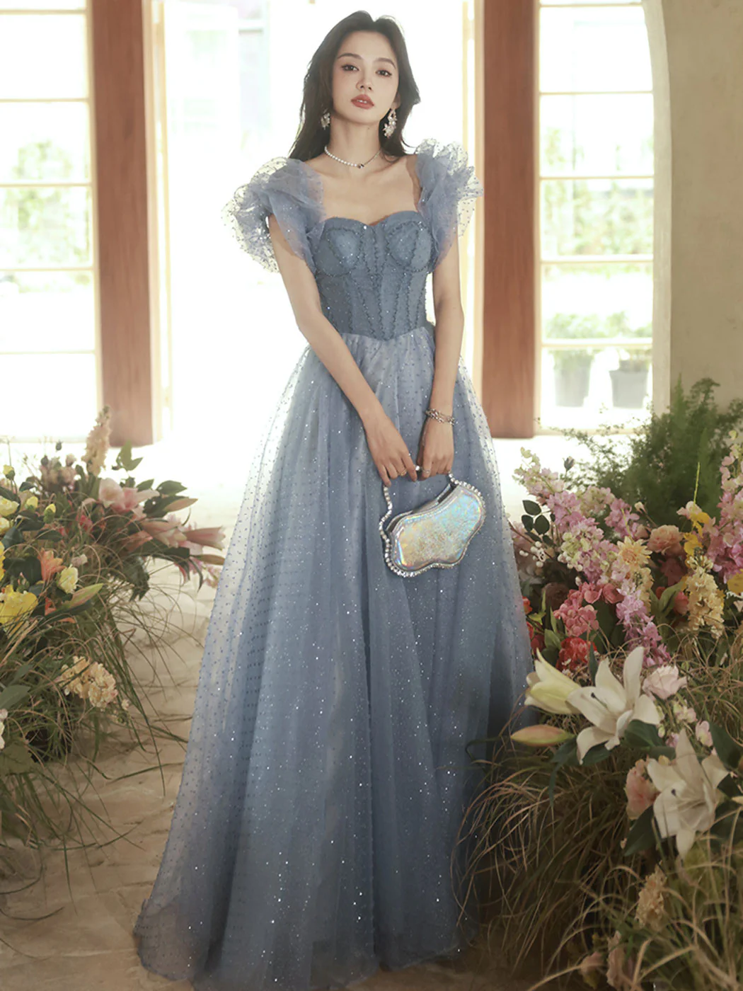 A-Line Sweetheart Neck Tulle Gray Blue Long Prom Dress, Gray Blue Formal Dress - Deanwangkt