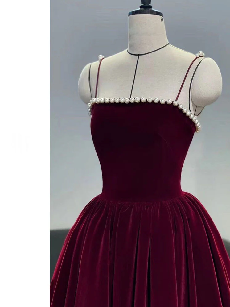 Simple burgundy tea length prom dress, burgundy homecoming dress - Deanwangkt
