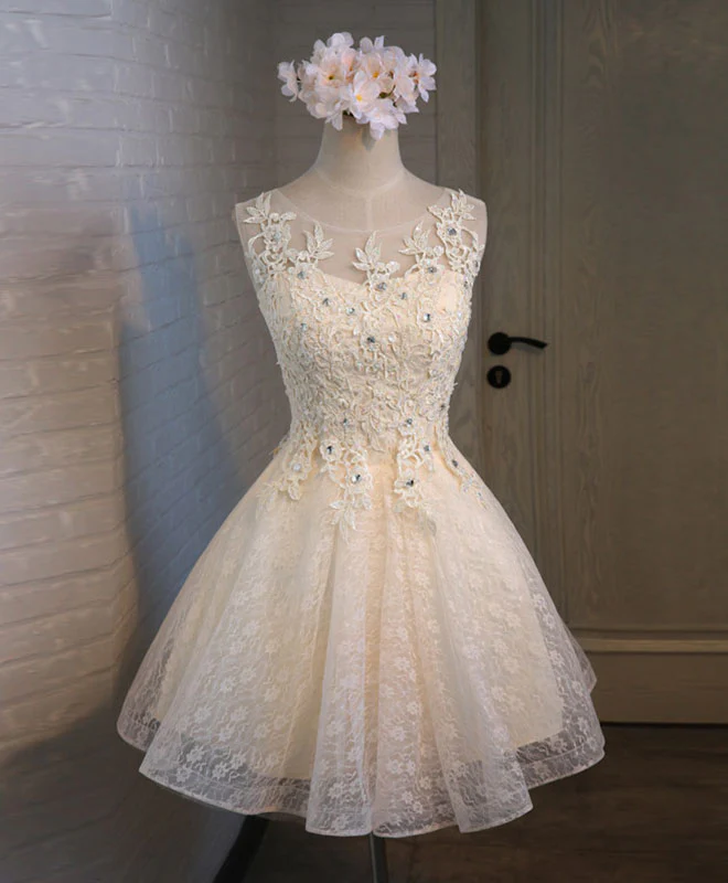 Champagne Lace Round Neck Short Prom Dress, Bridesmaid Dress - Deanwangkt