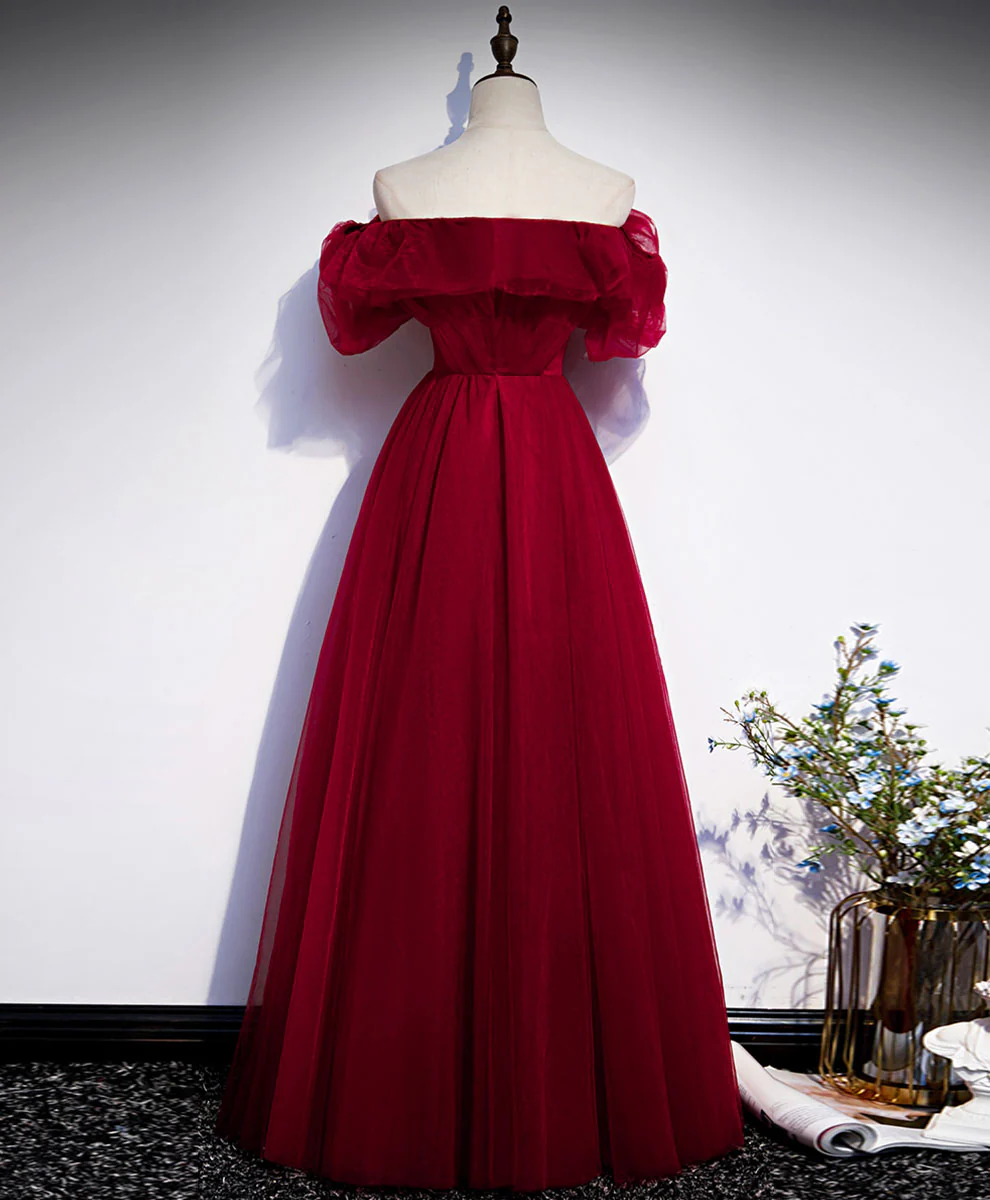 Simple A line Burgundy Long Prom Dress, Burgundy Wedding Party Dress - Deanwangkt