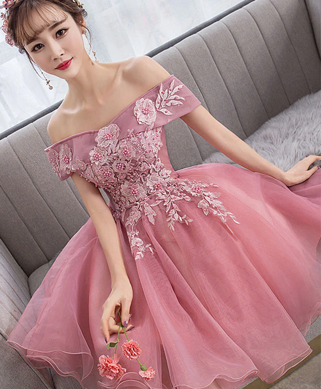 Pink Tulle Lace Short Prom Dress Pink Lace Homecoming Dress - Deanwangkt