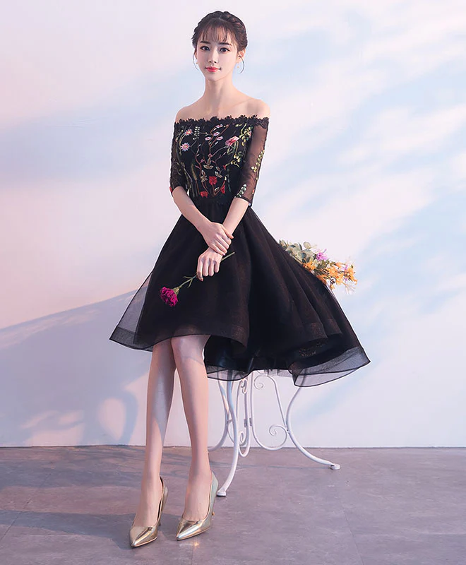 Black Tulle Lace Short Prom Dress, Black Evening Dress - Deanwangkt