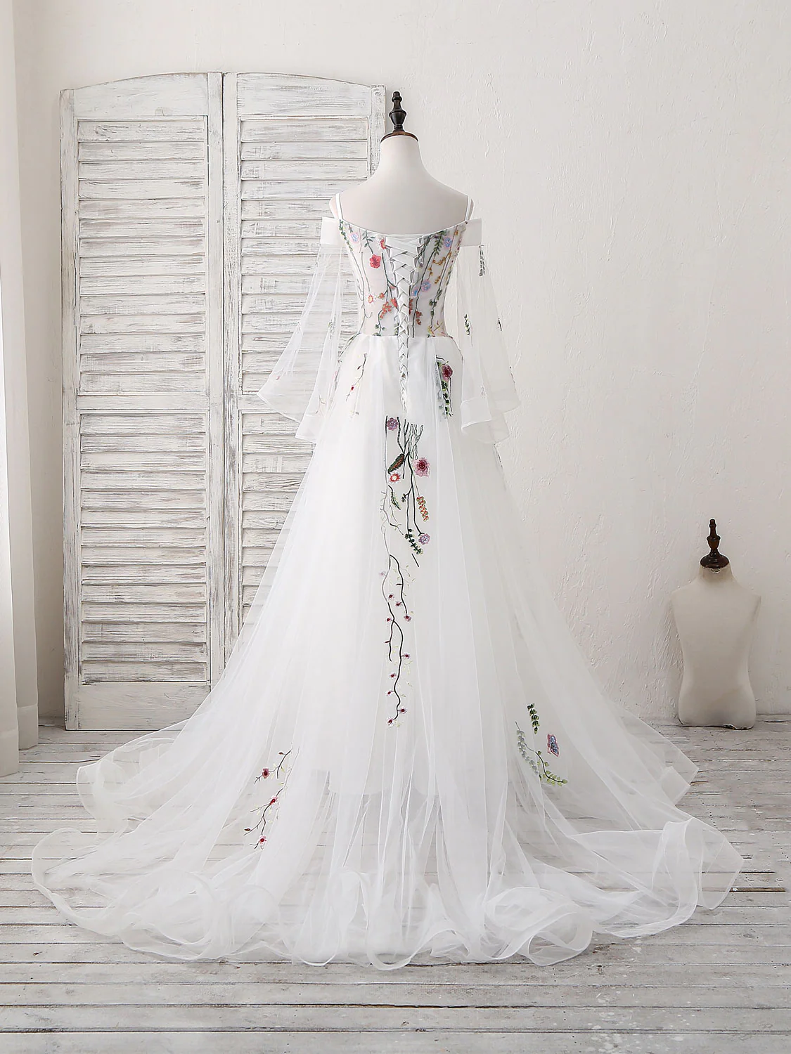 White Sweetheart Tulle Applique Long Prom Dress, White Evening Dress - Deanwangkt