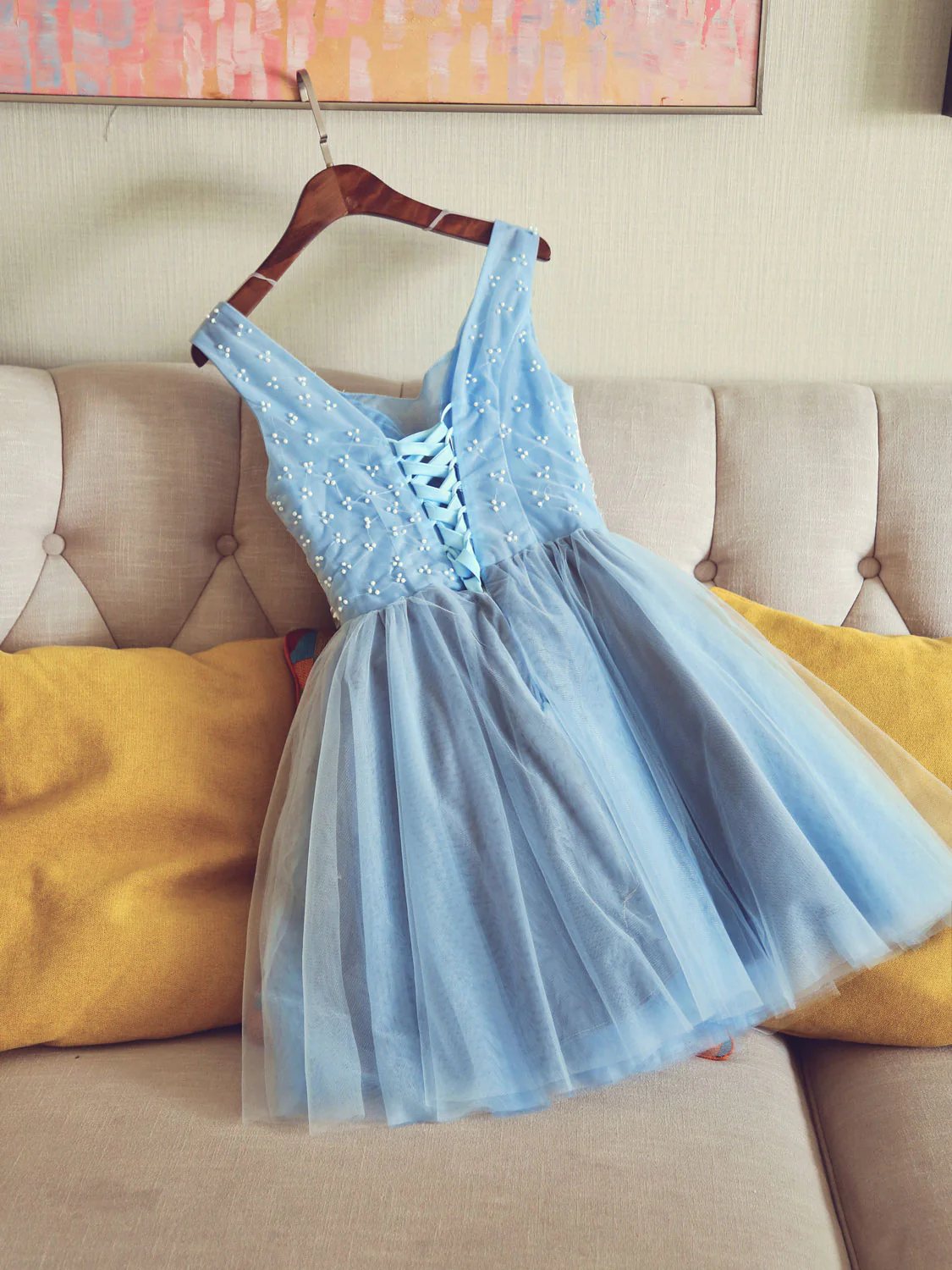 Cute V Neck Light Blue Tulle Lace Short Prom Dress Blue Homecoming Dress - Deanwangkt