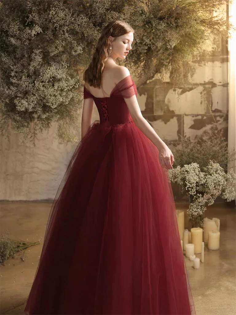 Burgundy Sweetheart Neck Tulle Long Prom Dress, Burgundy Long Formal Dress - Deanwangkt