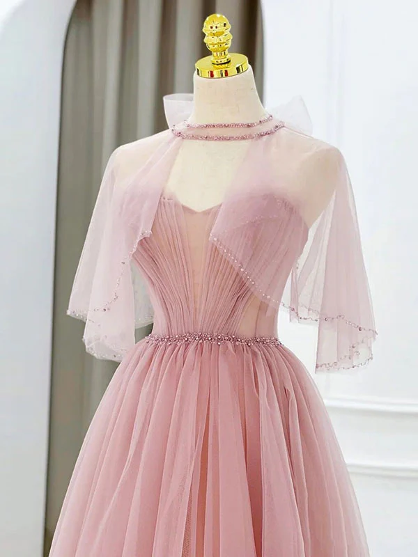 Pink Tulle Tea Length Prom Dress, Pink Tulle Formal Dress - Deanwangkt