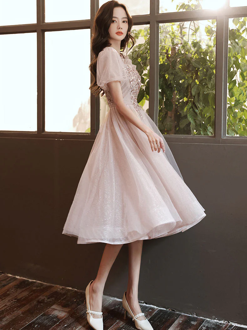 Pink tulle Lace Short Prom Dress, Pink Homecoming Dress - Deanwangkt