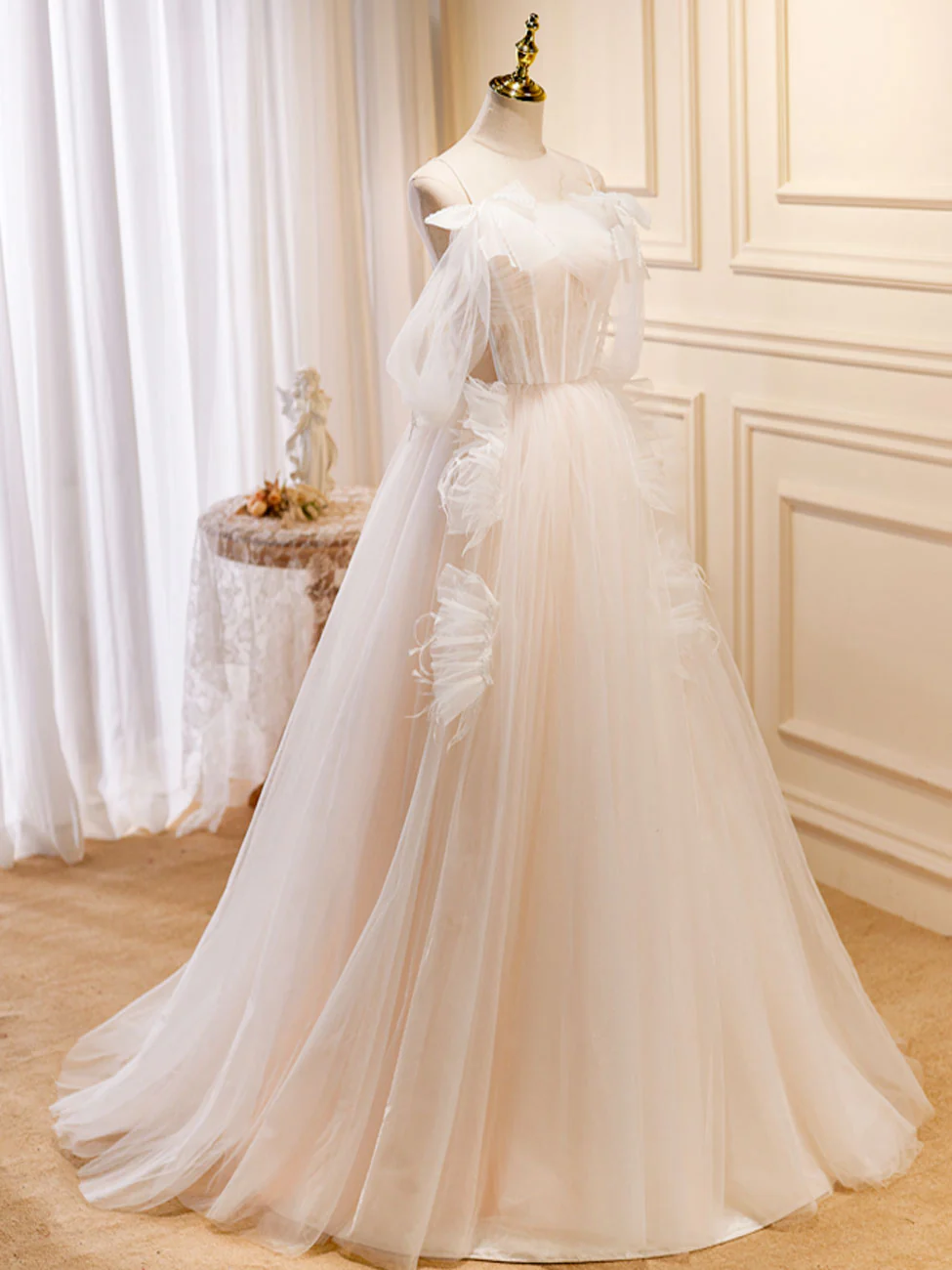 A-Line Light Champagne Long Prom Dresses, Light Champagne Lace Formal Dresses - Deanwangkt