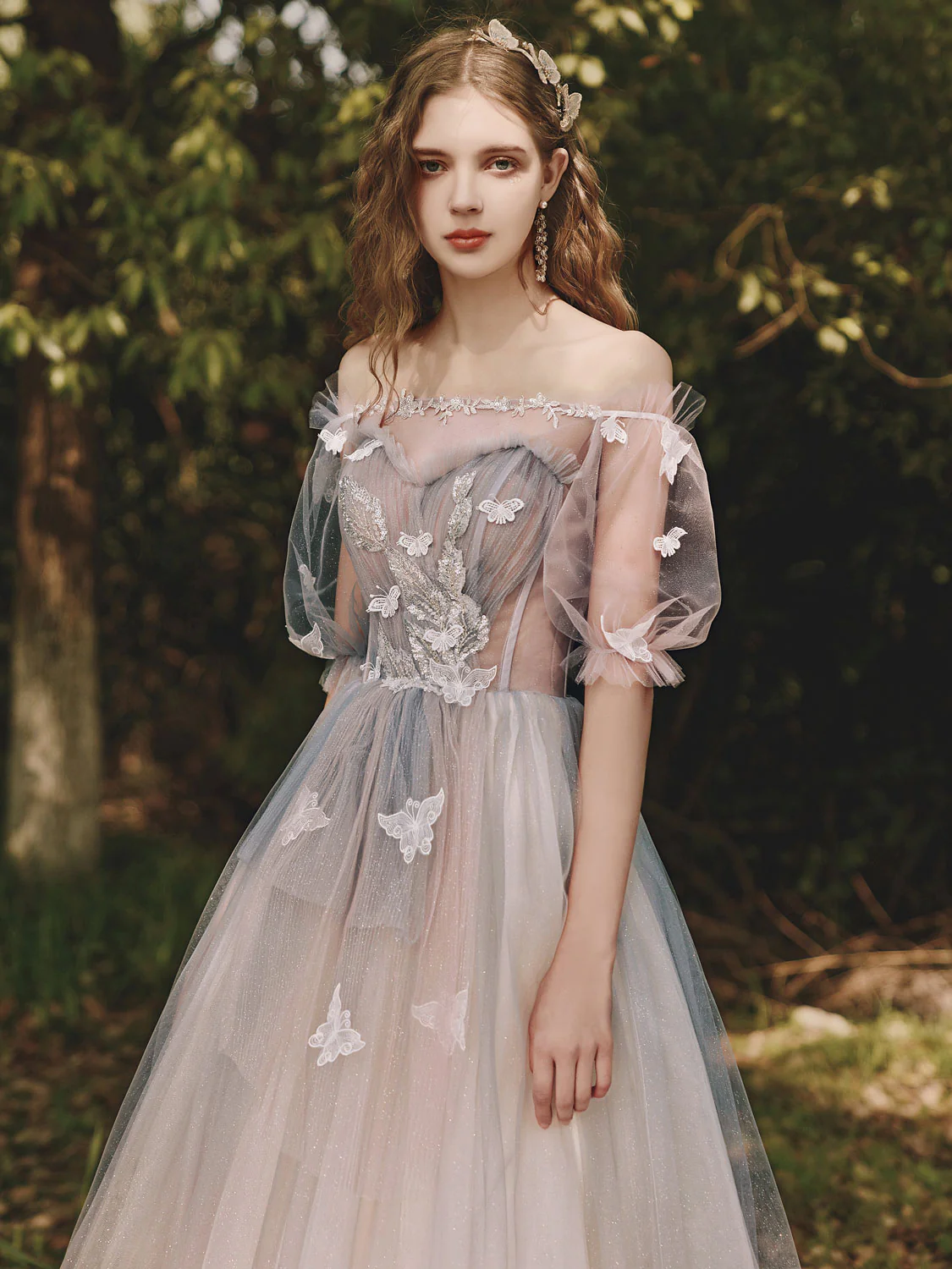 Champagne Tulle Lace Long Prom Dress, Champagne Tulle Formal Dress - Deanwangkt