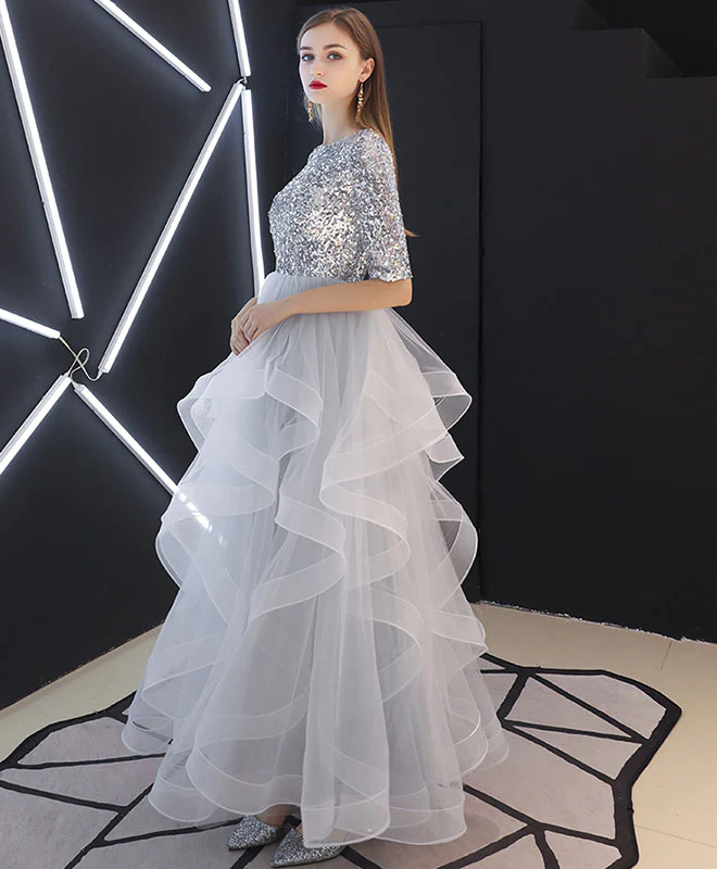 Gray Tulle Sequin Long Prom Dress, Gray Tulle Evening Dress - Deanwangkt