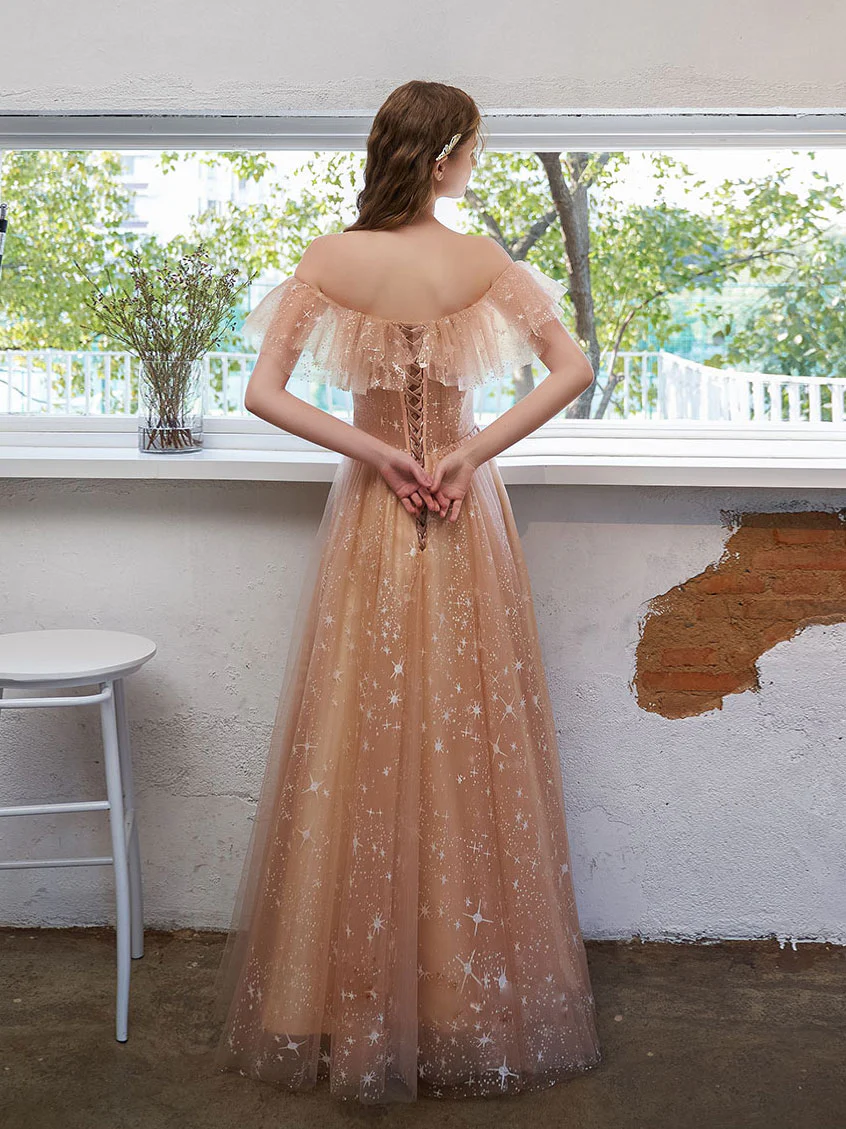 Simple Tulle Off Shoulder Lace Long Prom Dress Lace Formal Dress - Deanwangkt