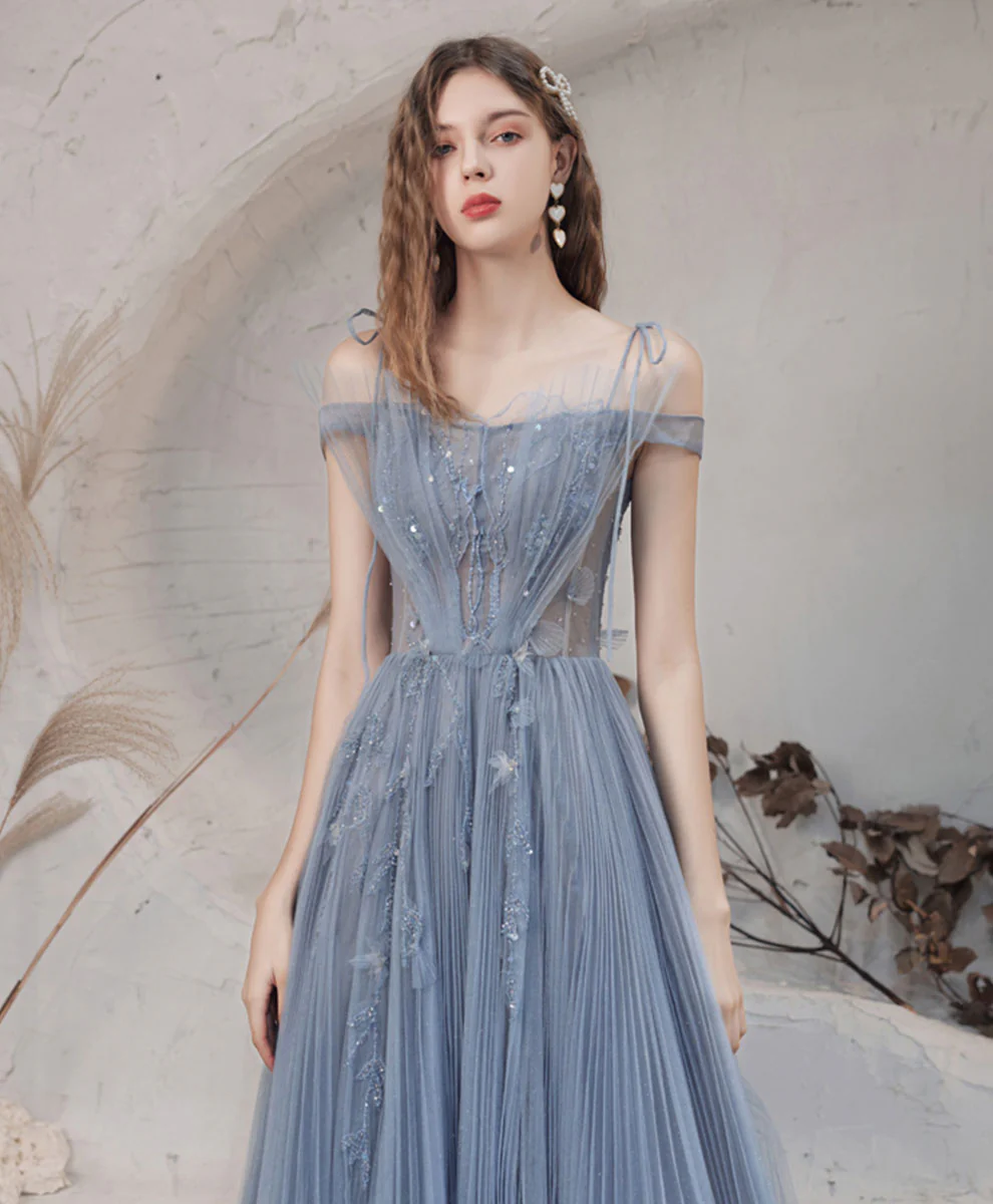 Blue Aline Off Shoulder Long Prom Dress, Blue Formal Graduation Dress with Beading - Deanwangkt