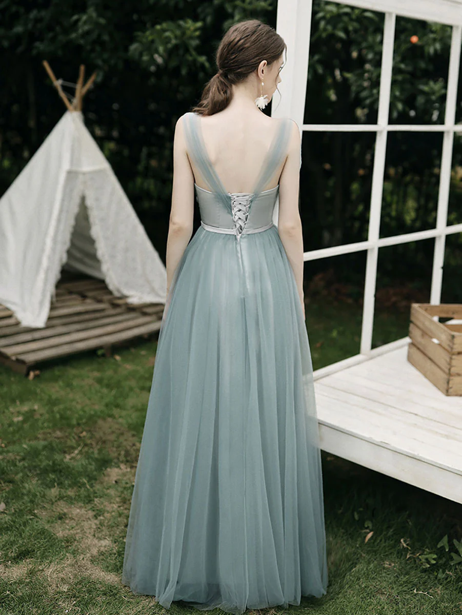 Simple A line Green Tulle Long Prom Dress, Green Tulle Bridesmaid Dresses - Deanwangkt